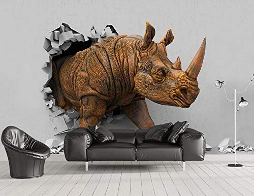 ZXCHEE Fototapete Nashorn Geht Durch Ein Loch In Der Wand 400x280cm Tapete Kinderzimmer Vliestapete Wohnzimmer Schlafzimmer Wandtapete Deco