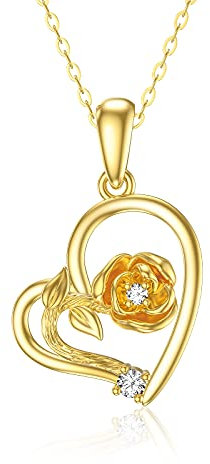 SISGEM 9 ct Gold Heart Necklace, Solid Yellow Gold Rose Pendant Necklace, for Women Girls Ladies Mum Sisters, 16+1+1