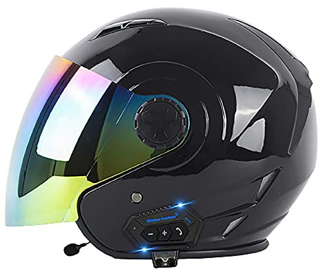 Casque Moto Jet Bluetooth Casque Scooter Ouvert Casques Motocross avec Anti-buée Double Visière ECE Homologué Casques Moto avec Microphone Intégré pour Hommes Adultes Femmes A,L=59~60cm