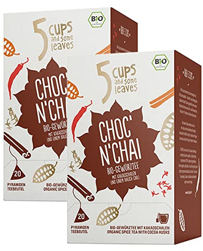 5 CUPS and some leaves - Choc?n Chai | Bio-Gew?rztee mit Kakao & Chili im Pyramidenbeutel | Schoko-Tee | Vegan & Bio | Gastronomie | 2er Pack