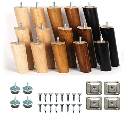 8’’ Angled Wooden Cone Tapered Furniture Replacement Legs Feet Walnut Colour Beech Wood M8 Thread Level Mounting Plates Protective Felt Pads Set Of 4 Legs For Sofa Cabinet Footstool Bed Ottoman