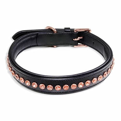 Monkimau Halsband Hund echt Leder Hunde Halsbänder schwarz mit Rosegold Kristallen Lederhalsband verstellbar Dog Collar Hundehalsband (S: 20mm x 45cm)