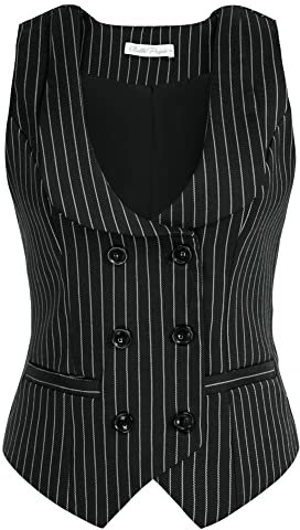 Belle Poque Gilet vintage sans manches à double boutonnage pour femme, Rayé noir et blanc., XL