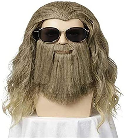 WELLHY Cosplay Perücke Thor Avengers 4 Endgame Loki Kostüm Fat Thor Cosplay Perücke mit Bart 45cm Hitzebeständiges Kunsthaar Halloween Cosplay Perücke for Coser