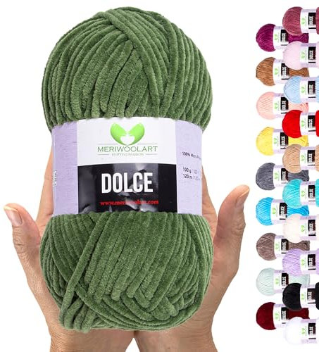 MeriWoolArt Chenille Garn zum Stricken und Häkeln Salbei Grün - 100 g und 120 m Samt-Wolle - 100% Flauschige Polyester Strickgarn für Amigurumi Kissen Decken weiche Kleidung Geschenke