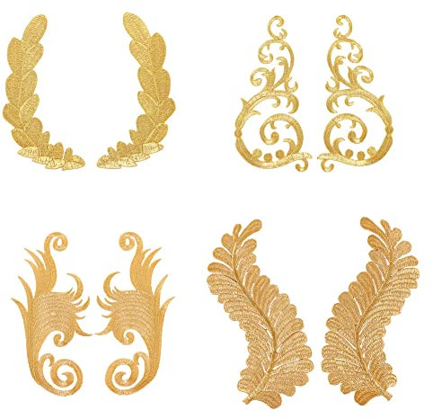 AHANDMAKER 4 Paar Blatt Blume Stickerei Applikation, Golden Ethnischer Stil Nähen Eisen auf Blatt Kranz Patch Blume Bestickte Applikation für DIY Nähen Hochzeit Ballkleid Kleidung Hosen Schuhe