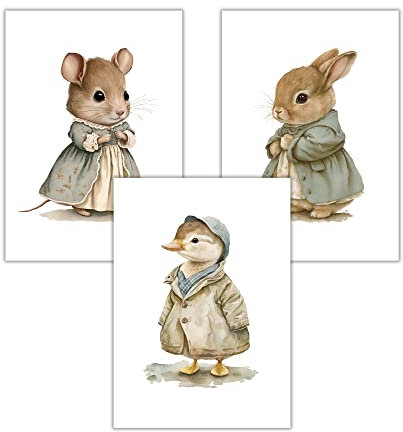 WBdesignz Kinderzimmer Poster 3er Set Babytiere in Vintage Kleidung Babyzimmer Deko Tier Bilder für Kinder Hase Maus Gans (ohne Rahmen)