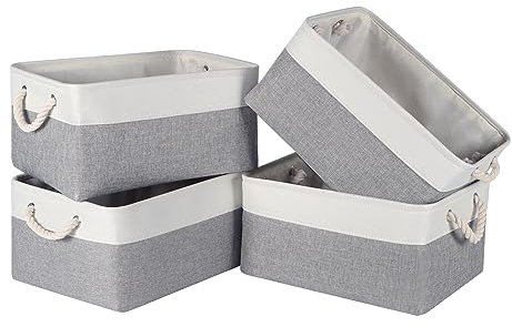 Syeeiex Storage Basket for Shelves [4 Pack], Storage Boxes with Handles, Large Fabric Storage Bins for Organizing Home and Office, White & Grey