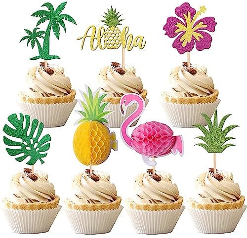 SYKYCTCY 28 Pack Tropical Cupcake Toppers Glitter Leaf Pineapple Flower Palm Tree Flamingo Cupcake Picks Aloha Luau Cupcake Decorations for Summer Baby Shower Birthday Wedding Party Cake Supplies