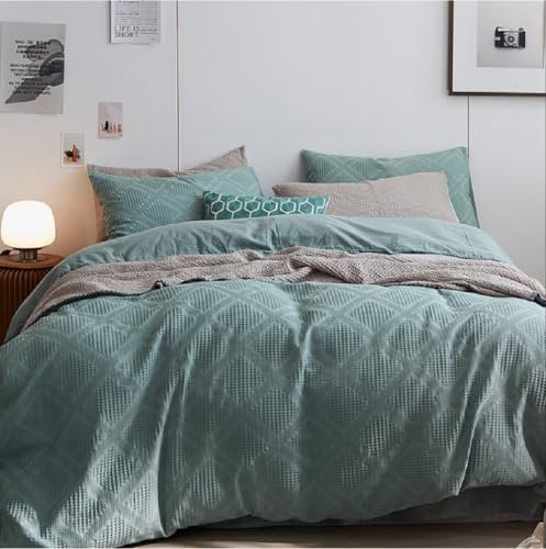 Lanqinglv Juego de ropa de cama de 135 x 200 cm, diseño de gofre azul aciano, bordado a mano, diseño geométrico, reversible, juego de cama de microfibra, funda nórdica y 1 funda de almohada de 80 x 80