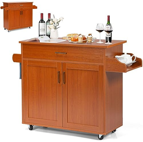TANGZON Kitchen Island on Wheels, Rolling Storage Trolley with Large Cabinet, Drawer, Adjustable Shelf, Wood Worktop, Spice & Towel Rack, Utility Serving Cart for Dining Living Room (Reddish Brown)