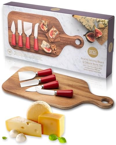 4 Piece Cheese Knife Set & Acacia Board - Stylish Cheese Knives Gift Set With Acacia Wood Board. Red Coloured Ceramic Handles & Classic Polished Stainless Steel Blades. 10 Year Guarantee.