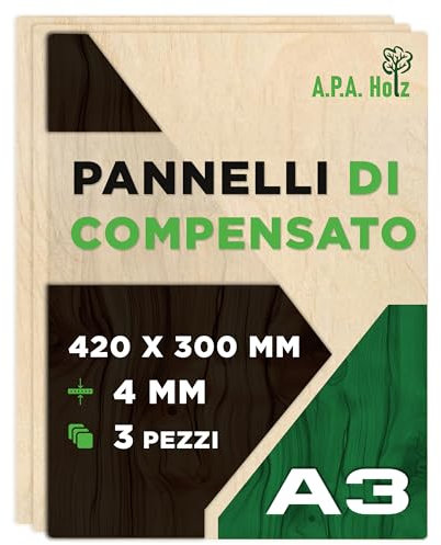 APA Holz Compensato di Betulla 4 mm, Foglio A3, Pannelli Multistrati di Betulla, Compensato Legno Qualità Professionale B/BB, Bricolage, Pirografia, Traforo, Legno da Decorare|420x300 mm Pezzi 3