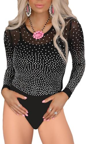 MAYFASEY Women's Sparkle Rhinestone Sheer Mesh Bodysuit Crewneck Long Sleeve Bodysuit Tops, Black, XXL