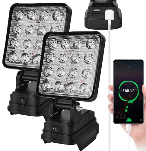 Akku LED Arbeitsleuchte Für Makita 18v - 27W Led Baustrahler Akku lampe, Tragbarer LED Strahler Akku Scheinwerfer, Flutlichter Baustellen Lampe mit USB Aufladung (kein Akku), 2 Stück