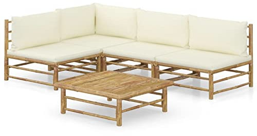 BaraSh 5-TLG. Garten-Lounge-Set mit Cremeweißen Kissen Bambus Essecke Mit Eckbank Und Tisch Outdoor Furniture