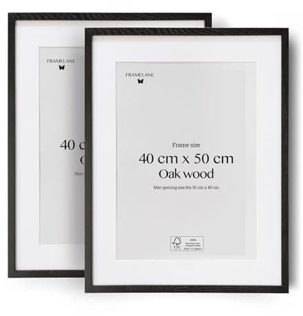 Framelane Set of 2 Bilderrahmen 40x50 Schwarz - FSC-Zertifiziertes Eichenholz, Mit Passepartout, Kratzfestes & Bruchsicheres Acrylglas, Für Hoch- Oder Querformat, Bilderrahmen Für Wandmontage