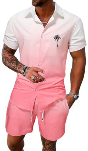 Oanviso Hommes Ensemble Chemise à Manches Courtes et Short Slim Fit Grande Taille Hawaiian Shirt Fleurs Casual Ete Aloha Imprimé Short De Plage Respirable B Rose XL