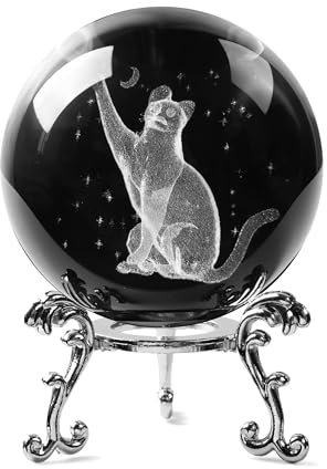 JFTOSALE 60 mm 3D-Laser-Katzen-Kristallkugel mit Ständer, Briefbeschwerer, Glas, dekorative Kugeln, Katzenfigur mit Mond, Stern, Katze, Geschenke für Katzenliebhaber, transparent