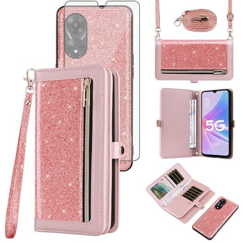 Asuwish Phone Case for OPPO A58 5G/A78 5G/A58X/A1X Zipper Wallet Detachable Cell Cover with Tempered Glass Screen Protector Crossbody Strap Bling Glitter Flip Card Holder Slot A 78 CPH2483 Women Pink