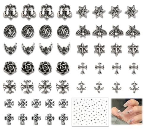 50PCS Cross Nail Art Charms Christmas 3D Punk Metal Nail Decorations Antique Silver DIY Manicure Rivet Accessories Retro Gothic Ornaments Nail Jewelry Kit for Women & Girls with 1PC Nail Art Sticker