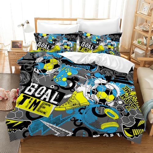 Gegeryozer Fußball Bettwäsche 200×200cm Kinder Bettwäsche Set 3D Fußball Muster Bettbezug Mikrofaser Bettwäsche Set mit 2 Kissenbezügen 50 x 75cm(F02)