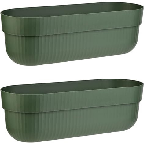 Engelland - 2 x Blumenkasten, Blumentopf, Farbe: Moos-Grün, Pflanzkasten mit Wasserspeicher/Drainagesystem und Abstandshalter, 50 cm, PP-Kunststoff, Balkonkasten, länglich, formstabil