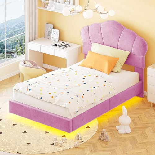 Rtopsu Polsterbett Doppelbett 90x200 cm mit LED-Leiste, Bett Einzelbett mit Wolkenförmiges Kopfteil, Jugendbett Bettgestell mit Lattenrost aus Holz und Metallrahmen, Samtstoff, Rosa, Ohne Matratze