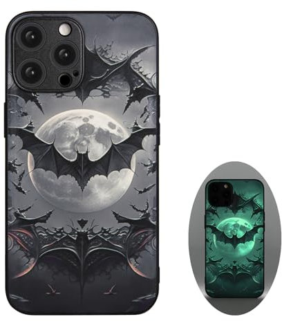 Halloween Goth Bat Case for iPhone 14 Pro Max, Gothic Spooky Dark Edgy Emo Luminous, Moon and Bat, Nightmare Before Christmas, Light Up Glow in The Dark, Leather Finish (iPh 14 Pro Max-Moon&Bat)