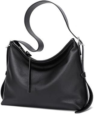 Echt Leder Damen Tasche Große Kapazität Schultertasche Rindsleder Crossbody Bag, Schwarz , Large