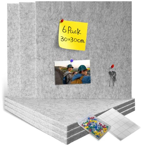CUHIOY Pinnwand Filz selbstklebend, 60x90 cm, 6 Stück Korkplatte, große Filzwand mit 60 Pins, dekorative Korkwand aus Filz für Fotos und Notizen in Zuhause, Büro, Küche, weiß-grau, 1,2 cm dick