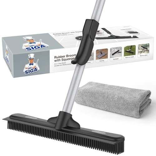 NUZBCPETR Escoba de goma for quitar el pelo de mascotas con escobilla de goma incorporada, cepillo for pisos 3 en 1 for alfombras, mango ajustable de 61 pulgadas, incluye 1 paño de microfibra for quit