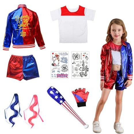 RANJIMA Quinn Kostüm Kinder Mädchen, Karneval Quinn Cosplay Kostüme Bösewicht Suicide Kostüm Kit mit Jacke T-Shirt Shorts Handschuh Perücken Tatto Baseballschläger für Faschings Mottoparty Halloween