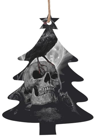 Weihnachtsschmuck aus Holz für Baumschmuck, Krähenmotiv auf dem Totenkopf, hängende Weihnachtsbaumschmuck, Christbaumkugel Heimdekoration (Weihnachtsbaumform)