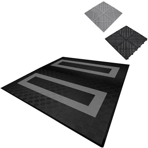 Vented Modular Interlocking Flooring Tiles & Edges 165 Black & 60 Grey Double Garage Heavy Duty Floor Mat Showroom Workshop Outdoor Polypropylene Anti Slip Weather Resistant Drainage 6m x 6m 36m2