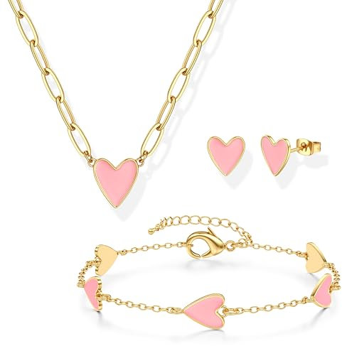 Kakonia Damen Schmuck Set mit Herz Anhänger - Gold Kette, Einstellbare Armband und Ohrringe für Valentinstag