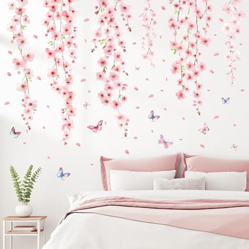 SHUCHING Stickers Muraux Fleur de Cerisier, Autocollants Mural Vigne Fleur Rose, Décoration Murale Chambre Salon