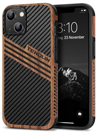 TENDLIN Kompatibel mit iPhone 14 Hülle Holz und Carbon Textur Design Leder Hybrid Handyhülle (DREI Streifen)