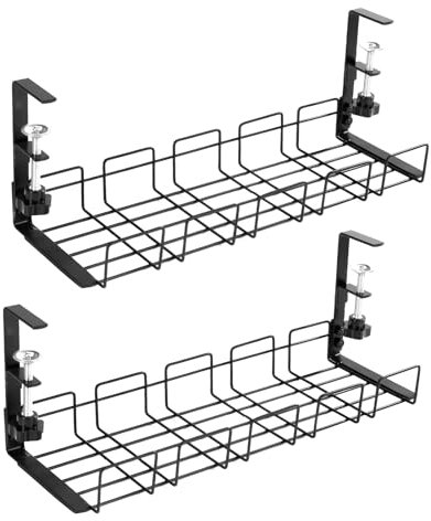 JAMHEXOU Cable Management Under Desk Tray No-Drill Wire Organiser Clamp for Cables and Power Strips Storage Metal Basket for Office Home Standing Desk, Black（2pcs）