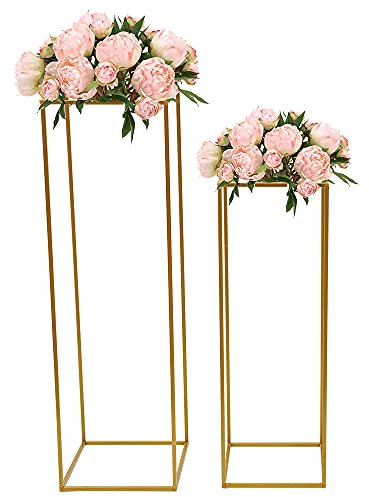 2 Stück Gold Blumenständer Metall 80/100cm, Rechteckige Dekosäule Hoch für Hochzeit Tischdeko & Zuhause