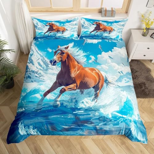 RZPFQB 3D-Wildtier Pferd Kinder Bettwäsche 100x135 Baby Bettwäsche Set für Kleinkinder und Babybetten galoppierendes Pferd Bettbezug Set Tiermotiv Gaul Microfaser Bettwäscheset