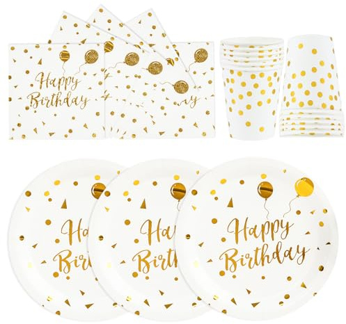 72 Stück Geburtstag Partygeschirr,Happy Birthday Weiß Gold Geburtstag Party Geschirr Becher Serviette Pappteller Set,für Mädchen Kinder Tischdekoration-24 Gäste