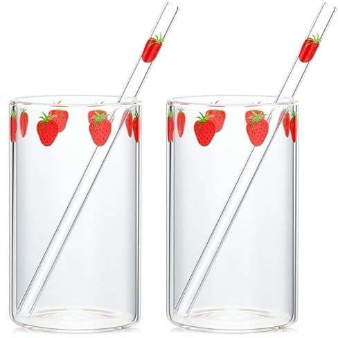 Ngbbby Lot de 2 tasses à fraises en verre avec paille à haute teneur en borosilicate pour femmes et filles, verres polyvalents pour lait, jus, verres