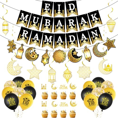 Ramadan Deko, Eid Mubarak Dekoration Ballons, Luftballons Schwarz Gold Konfetti, Eid Mubarak Banner, Eid Girlande mit Cake Topper, Ramadan Dekoration für Umrah Mubarak Geschenke Bayram Ramazan Deko