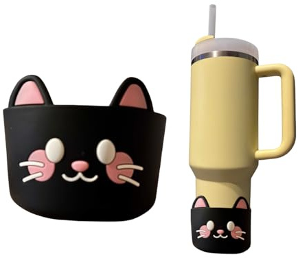 Bodenschutz für Stanley Cup 40 oz – Silikon Becherhülle mit Katzenmotiv – Rutschfester Schutz – Bodenstiefel - Süßer Cup Bottom Cover für Tumbler – Zubehör für Stanley Cup 40oz (Katze schwarz)