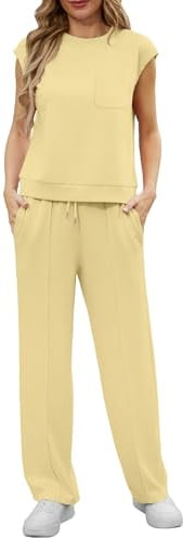 GRECERELLE Tvådelade kläder kvinnor sommar kortärmad träningsoverall dam komplett set loungekläder set för kvinnor vardaglig rund hals mössa ärm toppar och joggingbyxor med fickor, Smör gul, XL