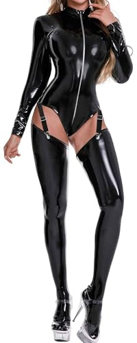 Adigau Leder Body Damen Kunstleder Nachtclub Catsuit Wetlook Party Bodysuit Reißverschluss Skinny Stretch Clubwear mit Lederstrümpfe