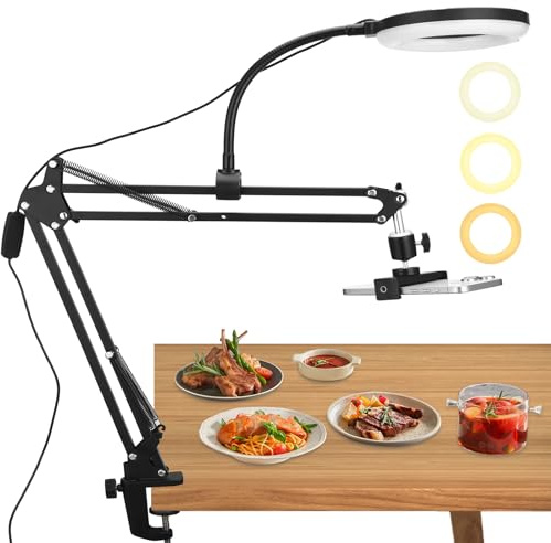 Overhead Stativ Handy mit 6-Zoll-Ringlicht, Metallarm und Tischklemme | 60 LEDs, 3 Lichtfarben, 10 Helligkeitsstufen, 6–9 cm Handyhalter und 1/4-Zoll-Gewinde für Kamera oder Actionkamera