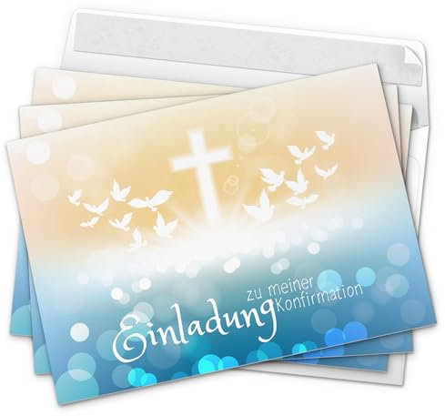 10 x Einladungskarten zur Konfirmation mit Umschlägen/Viele Tauben, modern mit Kreuz/Konfirmationskarten/Einladungen zur Feier