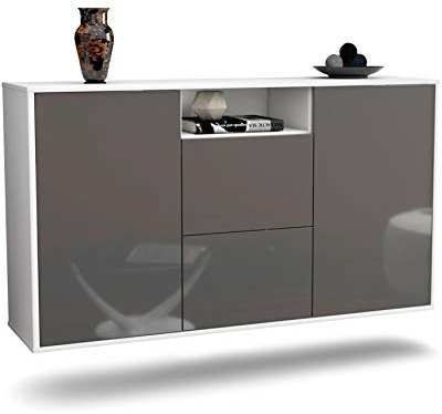Sideboard Dayton hängend (136x77x35cm) Korpus Weiss matt - Front Hochglanz Grau - Push to Open